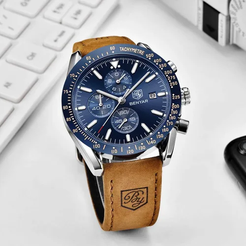 Vista 2 de BENYAR - Relojes de cuarzo para hombre, cronógrafo, de lujo, impermeables, a la moda, de cuero marrón, para hombre