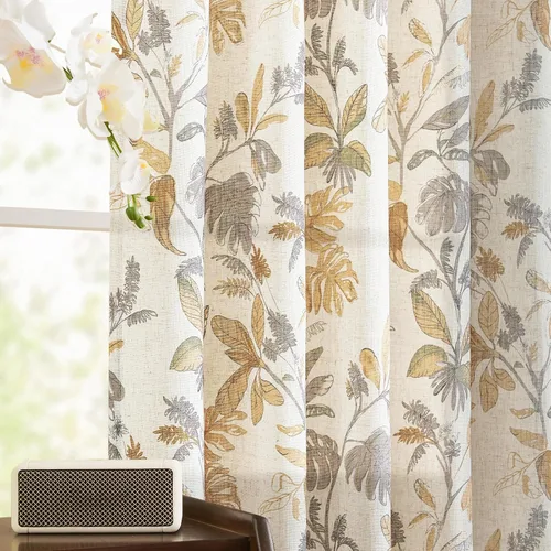 Vista 9 de Jinchan Cortinas de lino para sala de estar de 63 pulgadas de largo, con estampado de hojas tropicales, cortinas botánicas de lino estilo rústico