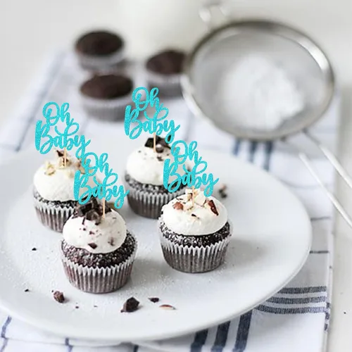 Vista 3 de 24 piezas Oh Baby Cupcake Toppers Glitter Baby Shower Cupcake Picks Reveal Género Decoración de Pasteles para Baby Shower Niños Niñas Fiesta de Azul