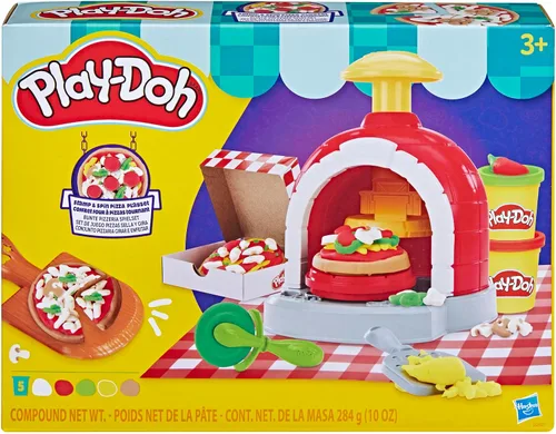 Vista 2 de Play-Doh Stamp & Spin Pizza Playset, 8 accesorios y 5 colores, juguetes de comida y cocina para niños, a partir de 3 años
