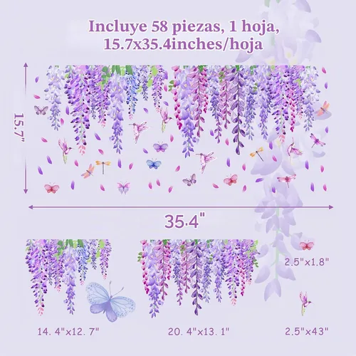 Vista 5 de Calcomanías de pared de flores moradas de acuarela, calcomanías de ventana