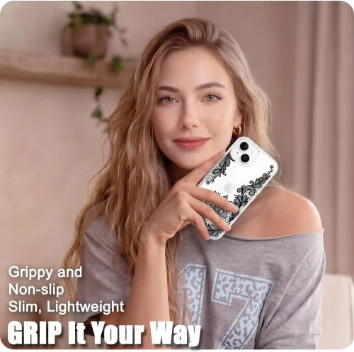 Vista 6 de Compatible con iPhone 13, funda protectora de encaje negro transparente con flores florales a prueba de golpes, parte trasera dura, delgada, bonita