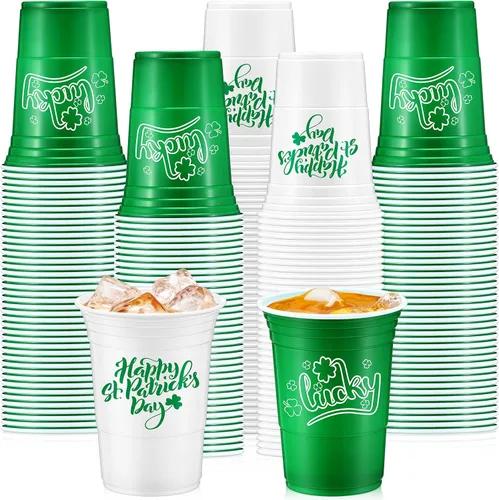 Vista 7 de Pickmesh 50 piezas de vasos de plástico para el Día de San Patricio de 16 onzas con diseño de trébol de la suerte, vasos desechables