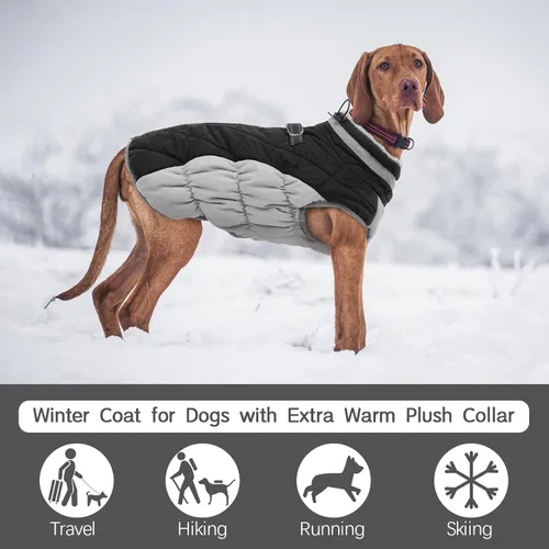Vista 3 de Abrigo para perro, chaqueta cálida de invierno, acolchada, de vellón, chaleco reflectante con arnés, chaqueta de nieve impermeable con cremallera, a