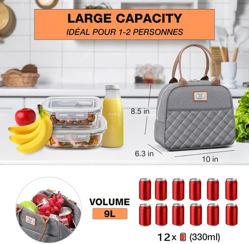 Vista 6 de Lekesky Lonchera para mujer, lonchera aislada, bonita bolsa de almuerzo a prueba de fugas para el trabajo de adultos, color gris