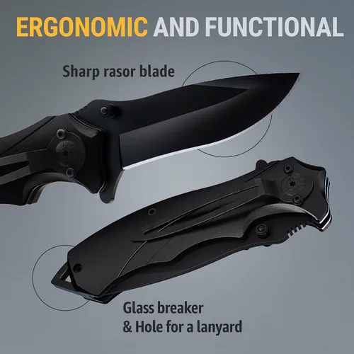 Vista 3 de Navaja táctica Grand Way para hombres - Navaja de bolsillo negra - Mejor navaja asistida por resorte con rompevidrios y clip de bolsillo - Navajas