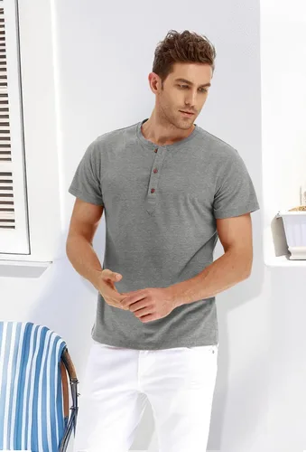 Vista 4 de PEGENO Camisetas de algodón de manga corta con solapa frontal casual para hombre