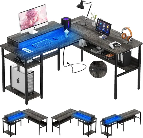 Vista 8 de Unikito Escritorio reversible en forma de L con tomas de corriente mágicas y luz LED inteligente, escritorio de esquina para computadora robusto