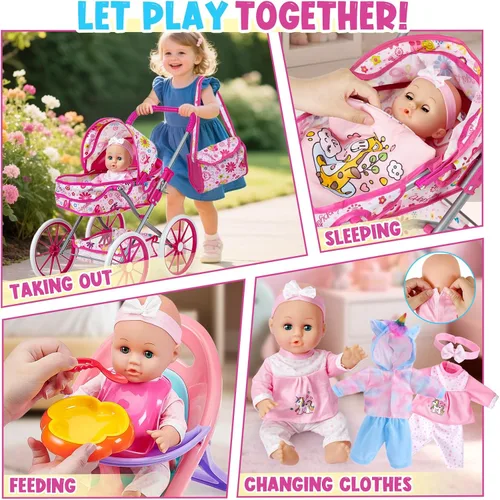 Vista 3 de Golray Juego de Juguetes de Muñeca Bebé de 12 Pulgadas con Cochecito para Niñas de 3, 4, 5, 6 Años - 26 Piezas Muñeca Bebé con Accesorios Edredón