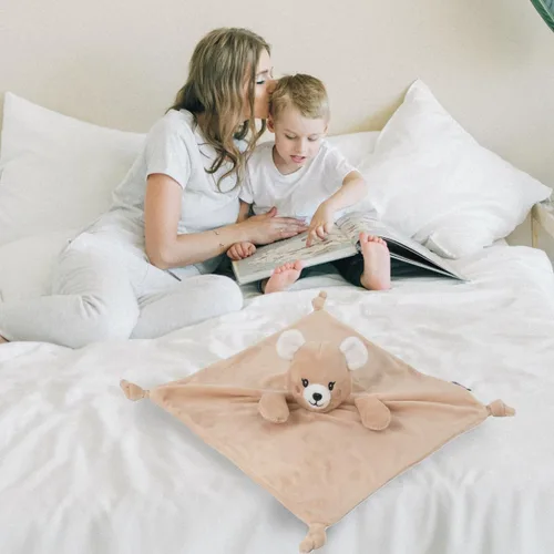 Vista 5 de KINREX Manta de seguridad de oso de peluche para bebés, toalla calmante de felpa suave, juguete de edredón unisex para bebé, compañero de sueño