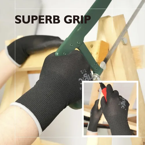 Vista 3 de 12 pares de guantes de trabajo con revestimiento de poliuretano, guantes de trabajo ecológicos para hombres y mujeres, excelente agarre, paquete a