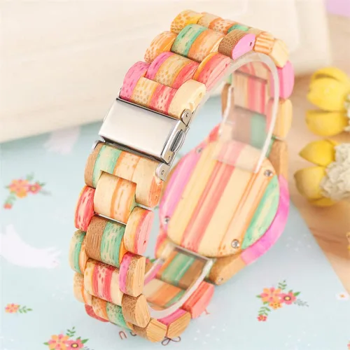Vista 5 de Tiong Reloj de madera para mujer con correa de madera, cuarzo analógico, diseño clásico, colorido reloj de pulsera de bambú para damas, parejas..