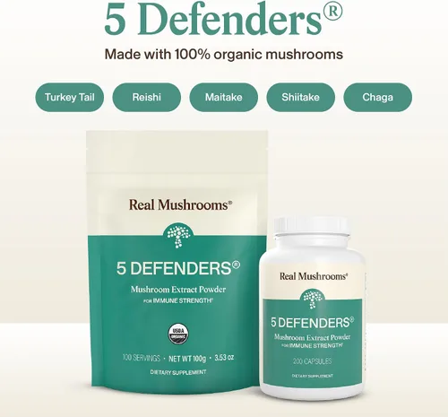 Vista 2 de Real Mushrooms 5 Defenders - Complejo de hongos en polvo, extracto orgánico de hongos de Chaga, Reishi, cola de pavo, mezcla de hongos Maitake