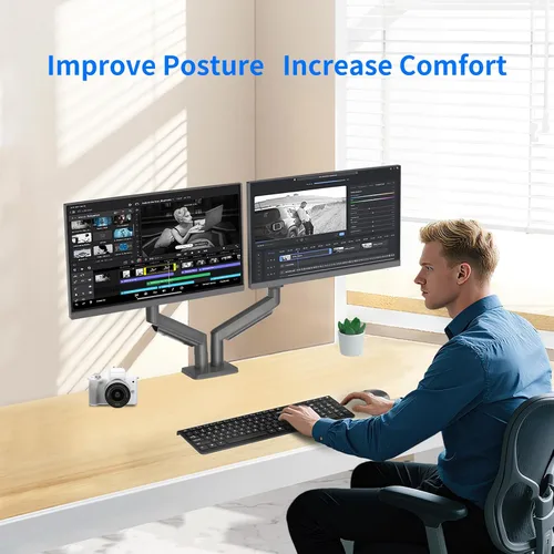 Vista 3 de Soporte para dos monitores para pantallas de 13 a 32 pulgadas, brazo de monitor con resorte de gas con giro, inclinación, rotación, altura