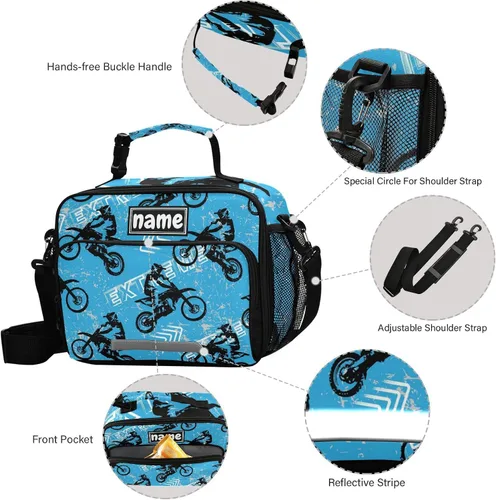 Vista 3 de Bolsa de almuerzo azul personalizada para vehículos deportivos de motocross, para niños, niñas, niños, bolsas de almuerzo personalizadas con tu