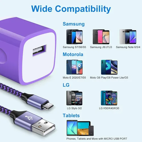 Vista 4 de Caja de cargador de pared de un puerto, enchufe de carga micro USB, cable de carga de teléfono Android de 6 pies, cable micro USB para Samsung