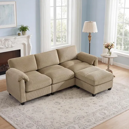 Vista 22 de Sofá modular de 61 pulgadas con otomana, asiento extra profundo para sala de estar, sofá de asiento profundo de pana con almohadas para Beige
