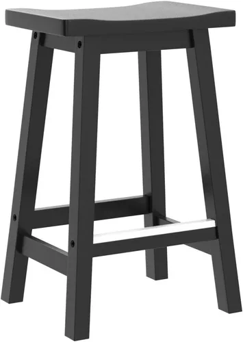 Vista 5 de Juego de 2 taburetes de bar de madera maciza con placas de pie de metal, taburetes modernos sin espalda de 24 pulgadas de altura para encimera