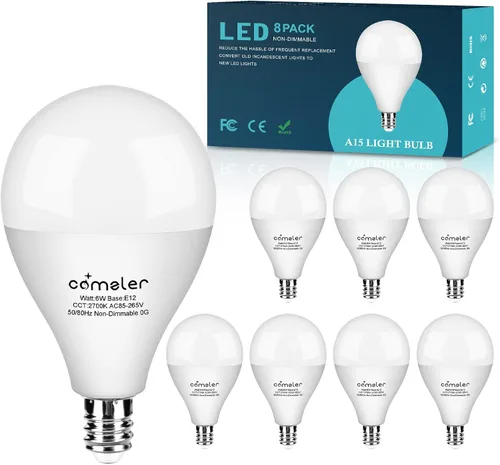 Vista 10 de comzler Bombillas LED A15 equivalentes a 60 W, blanco cálido 2700 K, bombilla redonda LED de base pequeña E12 para ventilador de techo,