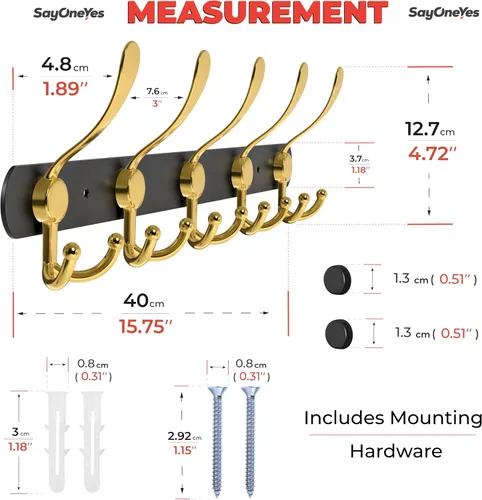 Vista 2 de Perchero de pared con 5 ganchos triples, acero inoxidable de 16 pulgadas – Acabado mate negro y dorado, perchero de pared resistente para abrigos