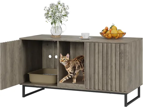 Vista 10 de Caja de arena para gatos para 2 gatos, caja de arena de 47.6 pulgadas, muebles ocultos con almohadilla para rascar, armario grande para habitación
