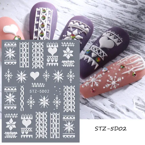 Vista 3 de Calcomanías de arte de uñas de copo de nieve, 5D en relieve, Navidad, blanco, 4 hojas (copos de nieve A)