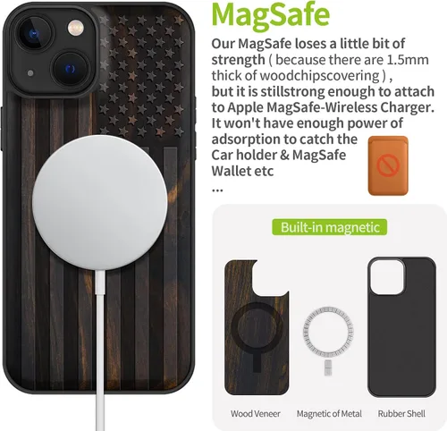 Vista 5 de Carveit Funda magnética de madera para iPhone 13 [madera real dura y TPU suave] Funda protectora híbrida de madera única y elegante a prueba