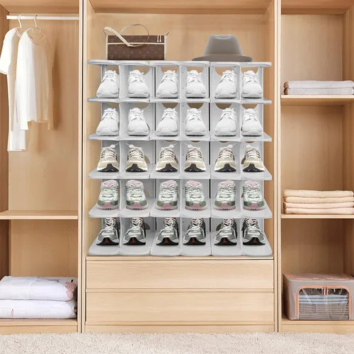 Vista 9 de Zapatero grueso de 6 niveles, organizador de zapatos de combinación gratuita para armario, torre de zapatos independiente, estante ajustable Gris