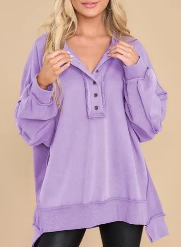 Vista 8 de AlvaQ - Sudadera de gran tamaño para mujer, informal, de manga larga, con botones y cuello Henley, tipo túnica