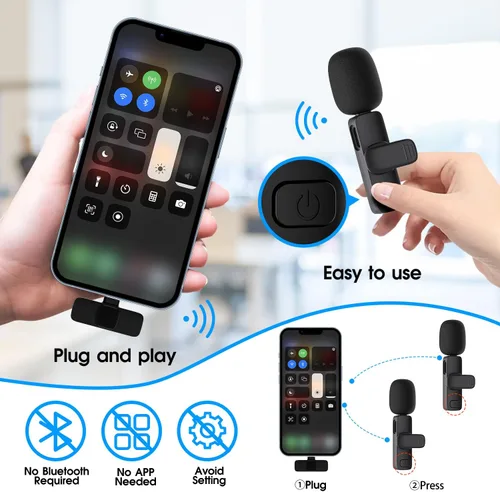Vista 3 de Paquete de 2 micrófonos inalámbricos Lavalier para iPhone iPad, micrófonos de solapa Plug-Play 2.4G con retardo ultra bajo, chip de reducción