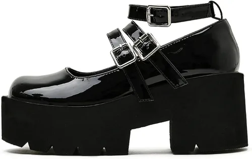 Vista 3 de KIKIVIVI Womens Patent Leather Mary Jane Goth Platform Ankle Strap Chunky Heel Pumps