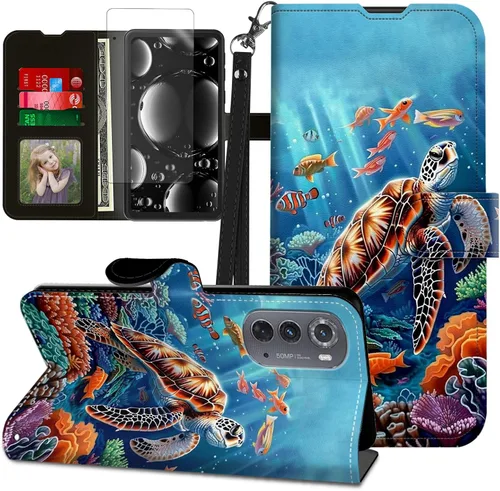 Vista 331 de Funda para Motorola Edge 2022 con protector de pantalla, soporte y tarjetero y correa para la muñeca, funda magnética para Moto Edge 2022 5G UW Lobo