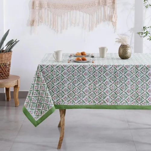 Vista 23 de Labhanshi Mantel rectangular de 6 plazas de algodón prelavado con estampado indio a mano, 60 x 90 pulgadas, diseño floral de algodón prelavado