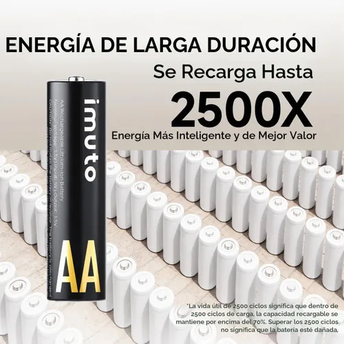 Vista 3 de imuto Baterías AA recargables con cargador, 3000 mWh aa Litio Paquete de 4