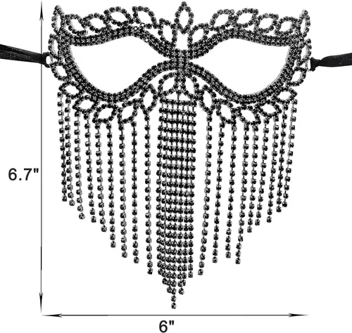 Vista 6 de Bellady Máscara de Mardi Gras con flecos de ojo de gato con diamantes de imitación y lazo trasero