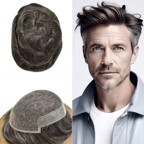 Vista 19 de FACE MIRACLE - Tupé de encaje frontal francés para hombres, postizos, sistemas de reemplazo de cabello humano con PU para hombre, prótesis
