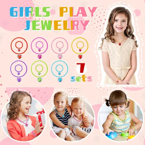 Vista 5 de 7 juegos de joyería de vestir para niña, joyería para niños, pulsera de princesa, collares, juego de joyas de disfraz para niña, fiesta de disfraces
