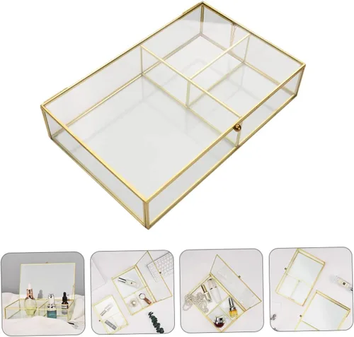Vista 8 de Beavorty Caja de almacenamiento de joyas, elegante recipiente de vidrio transparente con cubierta para collares, aretes, lápices labiales, vitrina