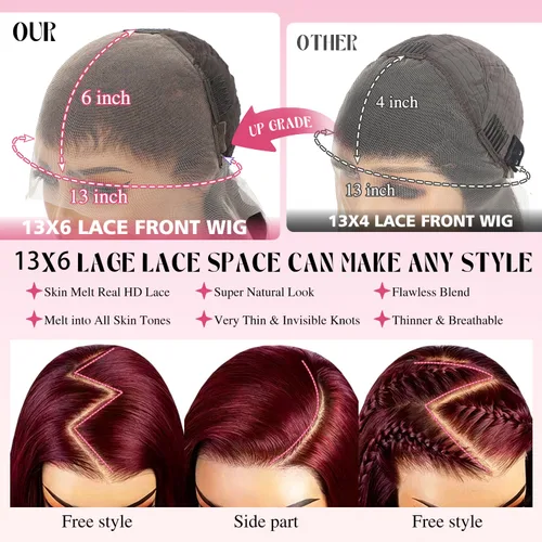 Vista 4 de Pelucas de cabello humano con encaje frontal HD color burdeos de 13 x 6 pulgadas, peluca de encaje frontal de 22 pulgadas, densidad del 180 % Borgoña