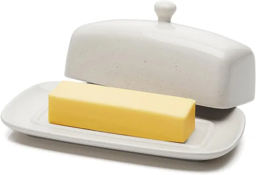 Vista 8 de Sweese Mantequillera con tapa, manteca de porcelana, soporte para mantequilla de 7.8 pulgadas con cubierta de asa, recipiente de mantequilla Beige