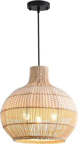 Vista 10 de Lámpara Colgante de Ratán 1 Paquete Candelabro de Cesta de Ratán Sintético Negro Blanco 11.8" Boho Tejido a Mano Ovalado de Mimbre Lámpara Colgante