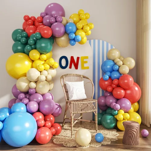 Vista 25 de Kit de arco de globos verde salvia azul pastel, 124 piezas de globos macarón amarillo blanco verde para decoraciones de cumpleaños de ganso, género