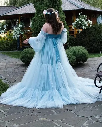 Vista 3 de Vestido de maternidad de tul para sesión de fotos, vestidos de maternidad de verano con hombros descubiertos para baby shower, vestidos de embarazo