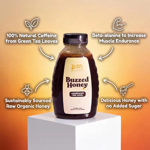 Vista 4 de Buzzed Honey Preentrenamiento natural: miel cruda con cafeína de té verde, beta alanina y electrolitos, energía limpia y refuerzo de resistencia