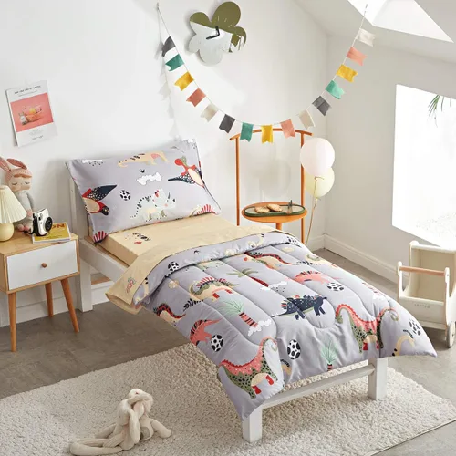 Vista 2 de Juego de ropa de cama de 4 piezas para niños pequeños, dinosaurio con dinosaurios coloridos y monstruos, juego de sábanas para otoño e invierno