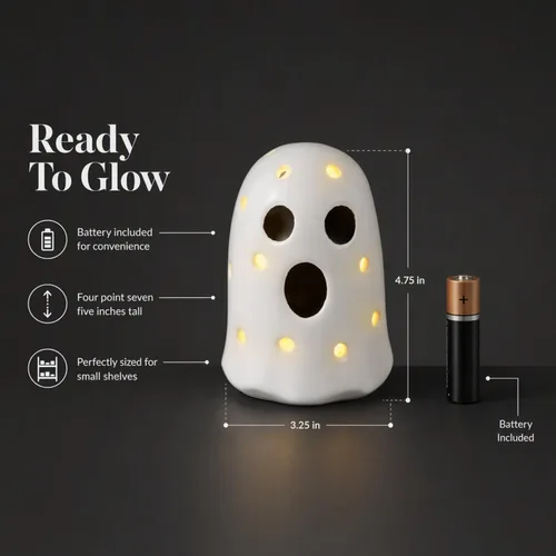 Vista 4 de Mud Pie Fantasma iluminado de cerámica, figura de niñera de estante