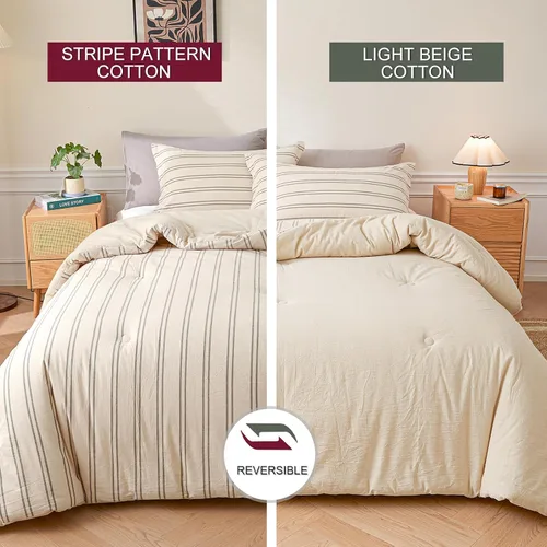 Vista 3 de Cyusri Juego de edredón de algodón a rayas tamaño individual, juego de ropa de cama suave y ligera de 2 piezas con 1 funda de almohada, reversible