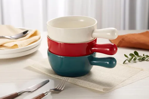 Vista 3 de Kook Cuencos de sopa de cebolla francesa, cuencos de cerámica apilables con asas, aptos para horno, microondas y lavavajillas, para cereales, sopas