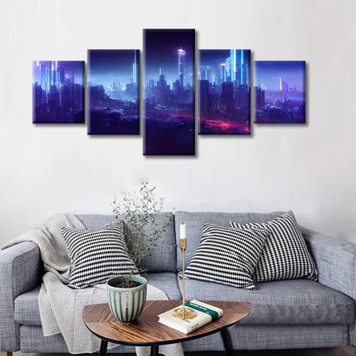 Vista 181 de Cuadros de 5 paneles de Cyberpunk City, arte de pared, representación de vallas publicitarias, edificios modernos en la capital con obras de arte