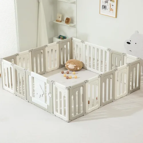 Vista 14 de Bestgame - Corralito para bebés - 14 paneles extragrandes plegables para niños pequeños, valla portátil en forma de OVNI, puerta, patio - Azul